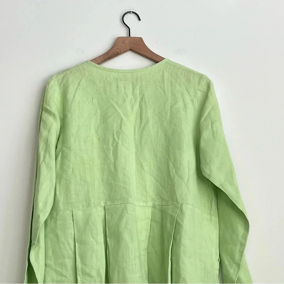 Flax 100% Linen Dress Small Green Button Down Pockets Long Sleeve Tunic Pleated - Picture 11 of 13